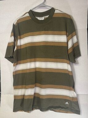 Adidas Striped T-Shirt Men's Large Green Tan White Short Sleeve Crew Neck
